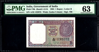 PMG Graded 63 Choice Uncirculated One Rupee Banknote Signed by S Bhoothalingam of Republic India of 1964.