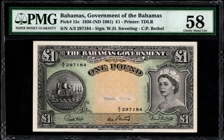 PMG 58 Graded One Pound Banknote of Bahamas of Queen Elizabeth II of 1936.