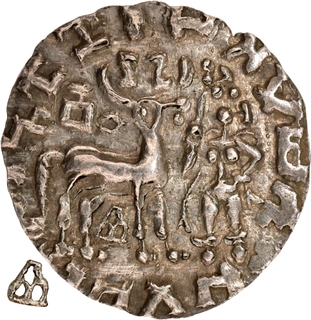 Rare Silver Drachma Coin of Amoghbuti of Kuninda Dynasty with Three arched hill with parasol below the deer.