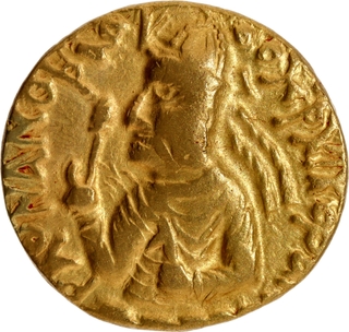 Extremely Rare Gold Dinar Coin of Huvishka of Kushan Dynasty of MAO type.