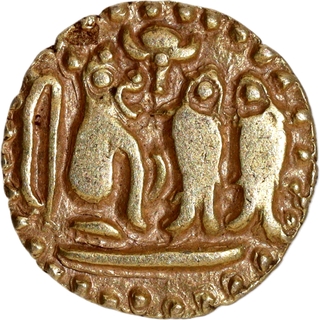 Gold One Eighth Kahavanu Coin of Raja Raja I of Cholas with Nagari legend Yuddha Malla.