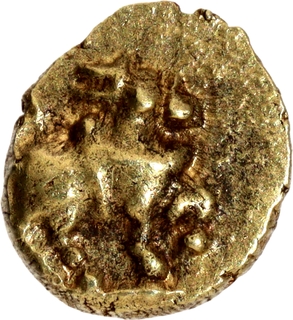 Rare Gold Fanam Coin of Chalukyas of Kalyana with Bull and Nagari legend.