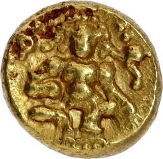 Balakrishna type Gold Half Varaha Coin of Tuluva Dynasty of Krishnadevaraya of Vijayanagara Empire.