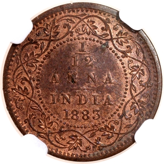 Rare NGC MS 62 RB Graded Copper One Twelfth Anna Coin of Victoria Empress of Bombay Mint of 1883.