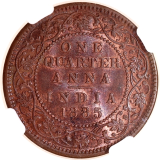Very Rare NGC MS 62 BN Graded Copper One Quarter Anna Coin of Victoria Empress of Calcutta Mint of 1885.