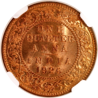 Very Rare NGC MS 66 RD Graded Bronze One Quarter Anna Coin of Bombay Mint of King George V of 1926.