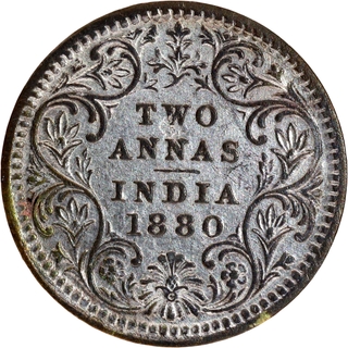 Rare Date of 1880 Silver Two Annas Coin of Victoria Empress of Calcutta Mint.
