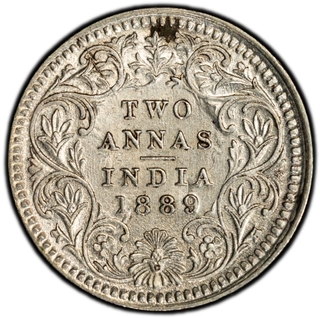 Very Rare PCGS MS 63 Graded Silver Two Annas Coin of Victoria Empress of Calcutta Mint of 1889.
