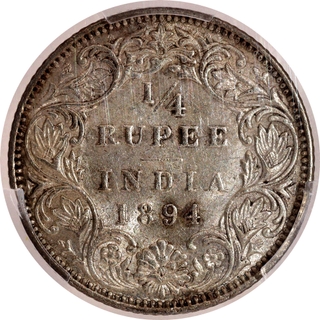 Rare PCGS MS 61 Graded Silver Quarter Rupee Coin of Victoria Empress of Bombay Mint of 1894.