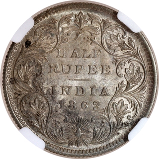 Very Rare NGC MS 63 Graded Silver Half Rupee Coin of Victoria Queen of Calcutta Mint of 1862.