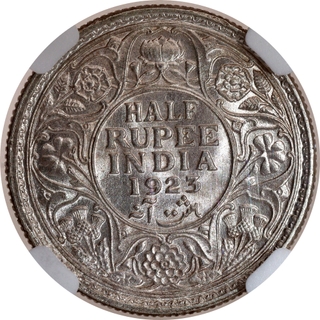 Rare NGC MS 63 Graded Silver Half Rupee Coin of King George V of Calcutta Mint of 1923.