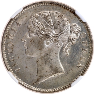 Rare NGC MS 63 Graded Silver One Rupee Coin of Victoria Queen Divided Legend of Calcutta/Bombay Mint of 1840.