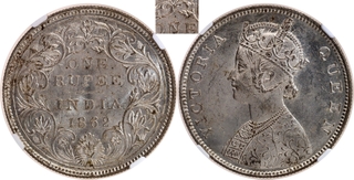 Very Rare NGC MS 62 Graded Silver One Rupee Coin of Victoria Queen of Bombay Mint of 1862 of B/II/1/0.
