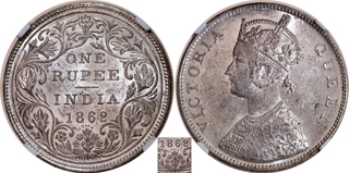 Very Rare NGC MS 61 Graded Silver One Rupee Coin of Victoria Queen of Bombay Mint of 1862 of B/II/0/3 Dots.