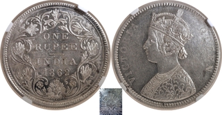 Rare NGC MS 61 Graded Silver One Rupee Coin of Victoria Queen of Bombay Mint of 1862 of A/II/0/4 Dots.