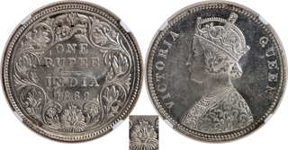 Rare NGC MS 61 Graded Silver One Rupee Coin of Victoria Queen of Bombay Mint of 1862 of A/II/0/4 Dots.
