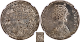 Rare NGC MS 63 Graded Silver One Rupee Coin of Victoria Queen of Bombay Mint of 1862 of A/II/0/5 Dots.