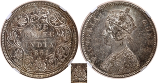 Scarce NGC MS 62 Graded Silver One Rupee Coin of Victoria Queen of Bombay Mint of 1862 of A/II/0/7 Dots.