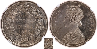 Rare NGC MS 63 Graded Silver One Rupee Coin of Victoria Queen of Bombay Mint of 1862 of A/II/0/7 Dots.