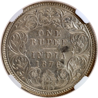 Rare NGC MS 61 Graded Silver One Rupee Coin of Victoria Queen of Calcutta Mint of 1876.