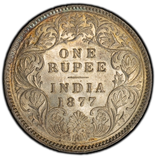Rare PCGS MS 61 Graded Silver One Rupee Coin of Calcutta Mint of Victoria Empress of 1877.