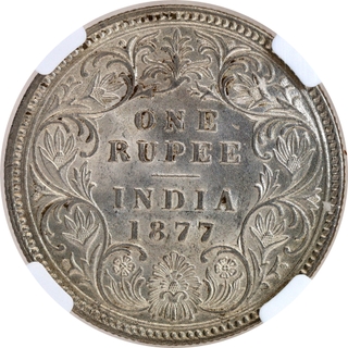 Rare NGC MS 62 Graded Silver One Rupee Coin of Calcutta Mint of Victoria Empress of 1877.