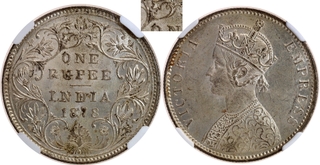 Very Rare NGC MS 62 Graded Silver One Rupee Coin of Victoria Empress of Bombay Mint of 1878.