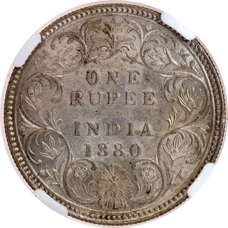 Rare NGC MS 62 Graded Silver One Rupee Coin of Victoria Empress of Calcutta Mint of 1880.