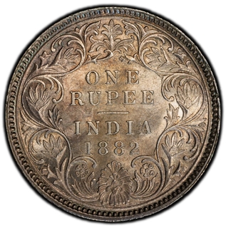Very Rare PCGS MS 62 Graded Silver One Rupee Coin of Victoria Empress of Calcutta Mint of 1882.