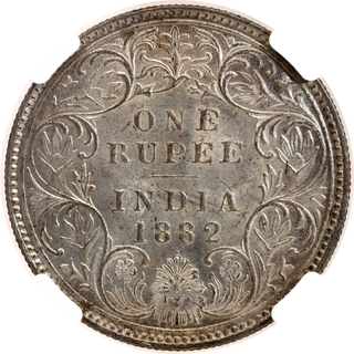 Rare NGC MS 62 Graded Silver One Rupee Coin of Victoria Empress of Bombay Mint of 1882.