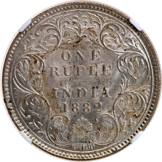 Rare NGC MS 62 Graded Silver One Rupee Coin of Victoria Empress of Bombay Mint of 1882.