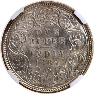 Rare NGC MS 62 Graded Silver One Rupee Coin of Victoria Empress of Calcutta Mint of 1887.