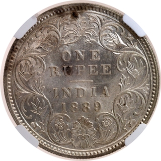 Rare NGC MS 61 Graded Silver One Rupee Coin of Victoria Empress of Calcutta Mint of 1889.