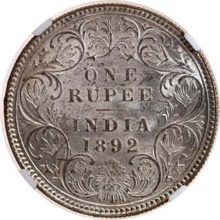 Rare NGC MS 63 Graded Silver One Rupee Coin of Victoria Empress of Calcutta Mint of 1892.