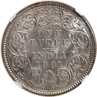 Rare NGC MS 63 Graded Silver One Rupee Coin of Victoria Empress of Calcutta Mint of 1901.