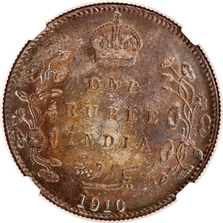 Rare NGC MS 62 Graded Silver One Rupee Coin of King Edward VII of Bombay Mint of 1910.