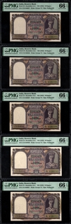 PMG 66 Graded Ten Rupees Consecutive Banknotes of King George VI of 1944 Signed by C D Deshmukh of British India.