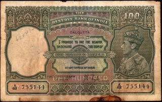 One Hundred Rupees Banknote Signed by J B Taylor of King George VI of 1938 of Calcutta Circle.