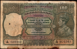 One Hundred Rupees Banknote Signed by J B Taylor of King George VI of 1938 of Cawnpore Circle.
