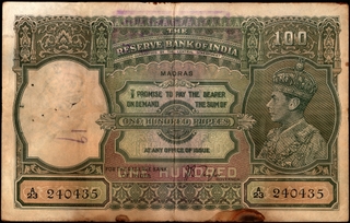 One Hundred Rupees Banknote of King George VI Signed by J B Taylor of 1938 of Madras Circle.