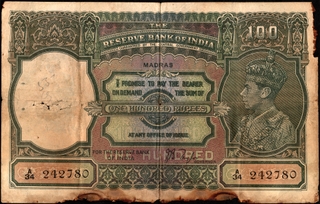 One Hundred Rupees Banknote Signed by J B Taylor of King George VI of 1938 of Madras Circle.