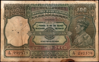One Hundred Rupees Banknote of King George VI Signed by J B Taylor of 1938 of Madras Circle.