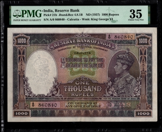 PMG 35 Graded One Thousand Rupees Banknote of King George VI Signed by J B Taylor of 1938 of Calcutta Circle.