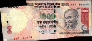 Rare One Thousand Rupees Sheet fold cutting error Banknote Signed by D Subbarao of 2009 of Republic India.