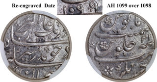 Aurangzeb Alamgir Silver Rupee- Re-engraved Hijri AH 1099 Over 1098 / RY 31, “Badr Munir” Couplet, Ahmadnagar Mint NGS MS63, Rare in This Grade.