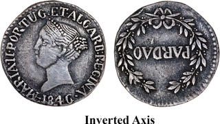Seldom Seen in Auctions-1846 Indo-Portuguese Silver Pardao (300 Reis) of Maria II of from Goa, Inverted Axis, Extremely Rare.