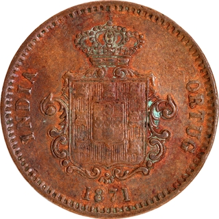 Rare Indo-Portuguese Colonial Coinage, Luiz I Copper 15 Reis (1/4 Tanga) 1871 AD Coin.