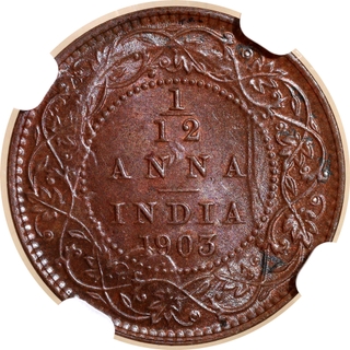 Very Rare NGC MS 63 BN Graded Copper One Twelfth Anna Coin of King Edward VII of Calcutta Mint of 1903.
