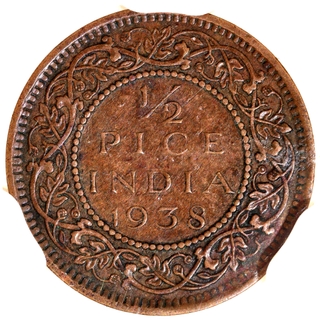 Extremely Rare NGS AU Graded Bronze Half Pice Coin of King George VI of Calcutta Mint of 1938.