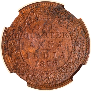 Very Rare NGC MS 62 BN Graded Copper One Quarter Anna Coin of Victoria Empress of Bombay Mint of 1883.